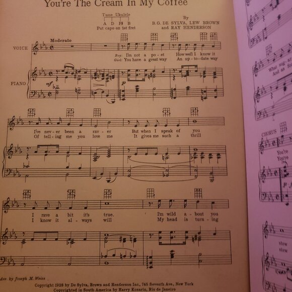 Vintage 1928 "You're The Cream In My Coffee" Sheet Music By B.G. De Sylva - Picture 2 of 3